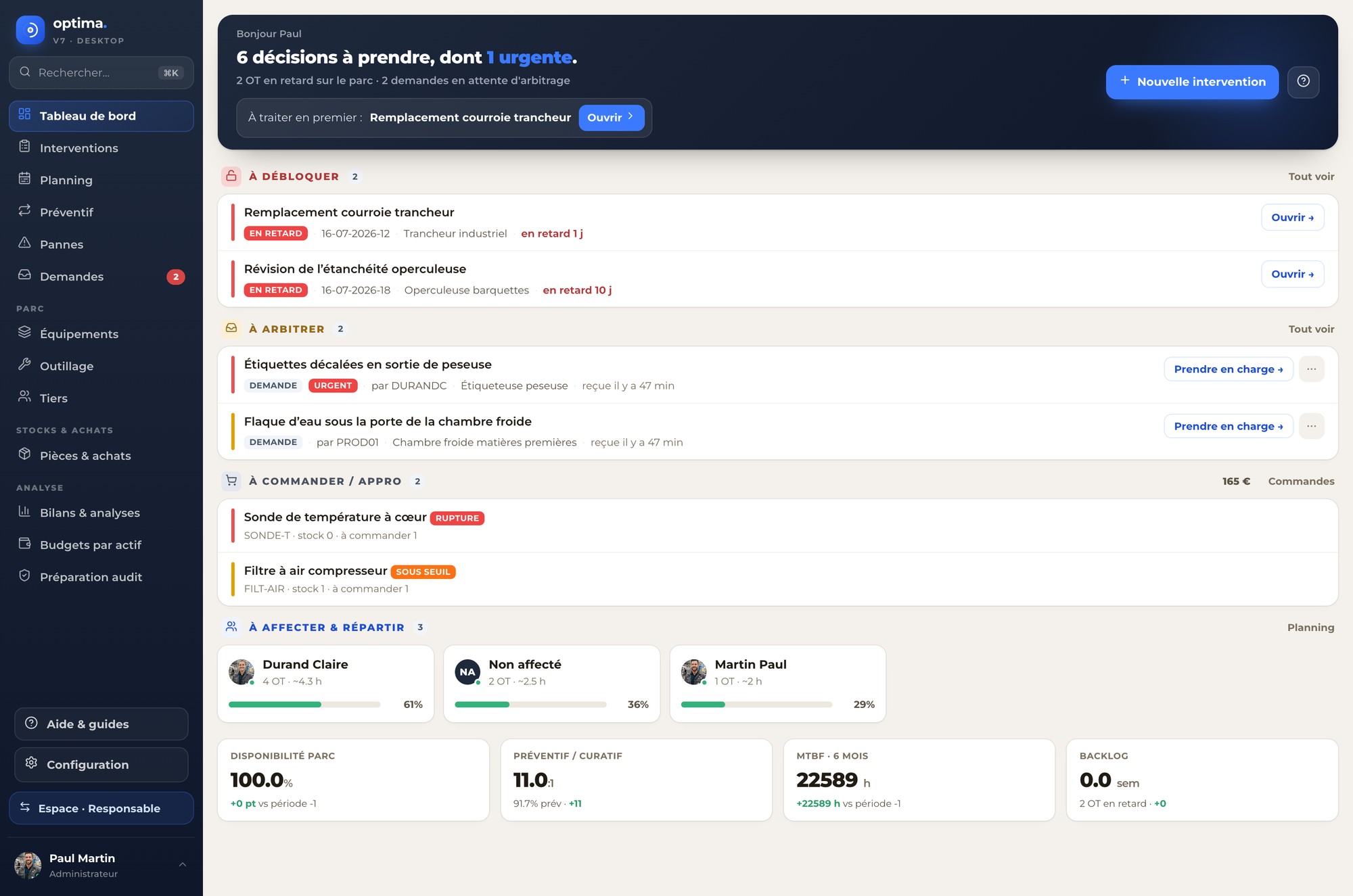 Tableau de bord responsable OPTIMa v7 - 6 décisions à prendre, dont 1 urgente