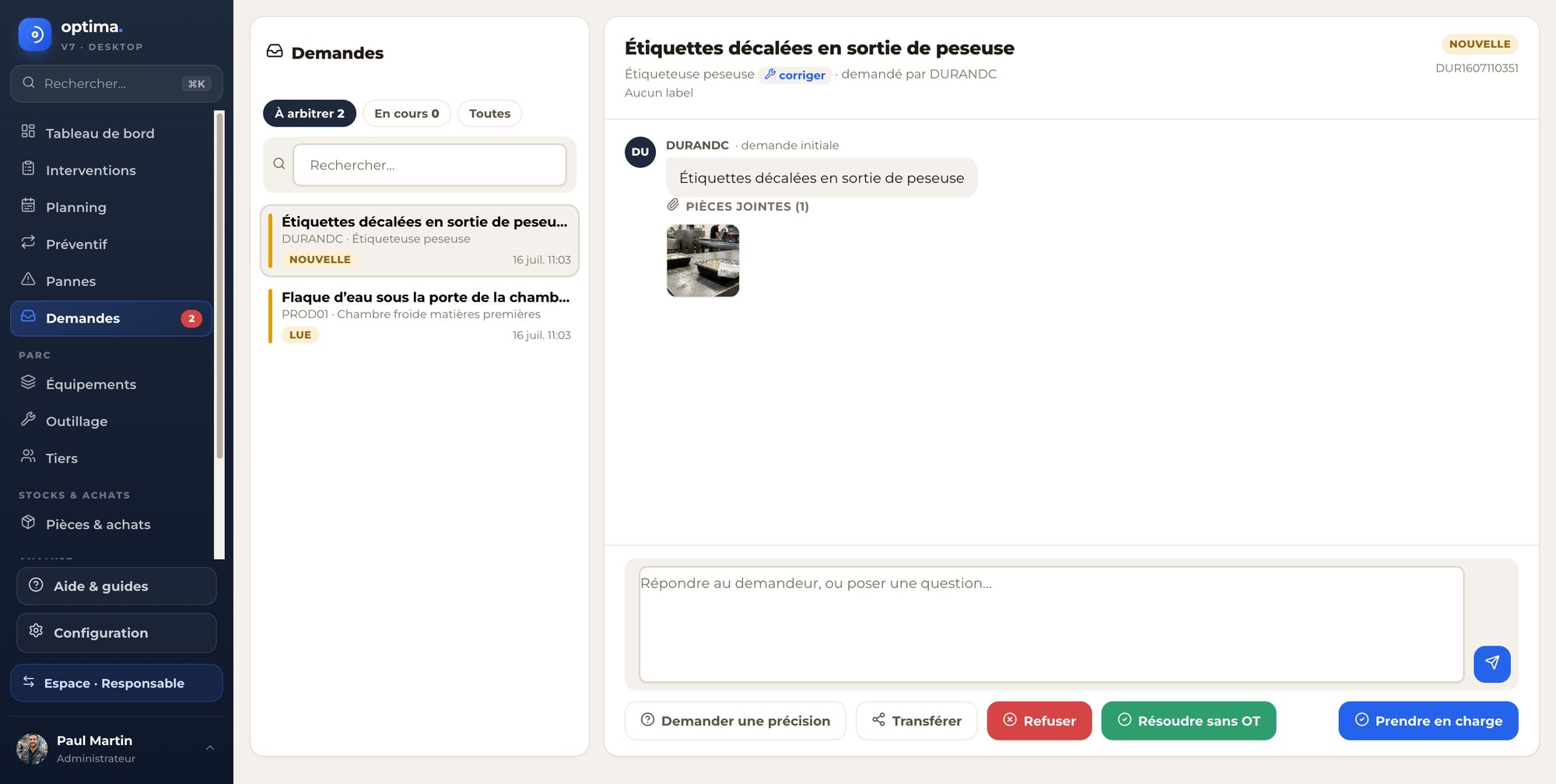 Demandes d'intervention OPTIMa v7 - fil de discussion avec photo et décision en un clic