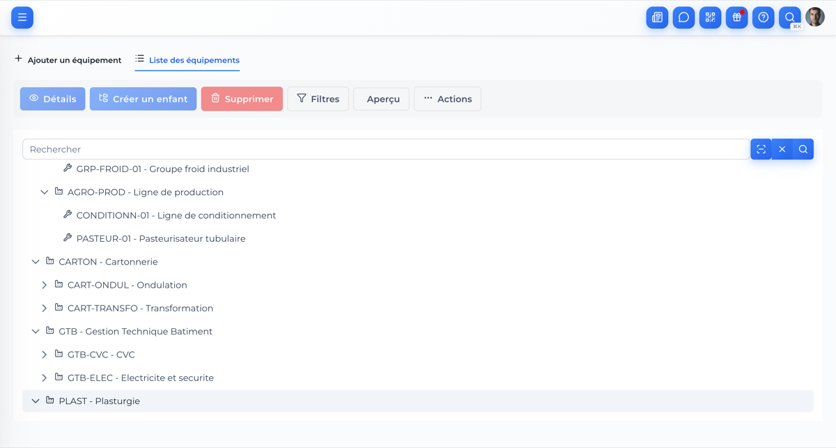 Arborescence des équipements dans OPTIMa - 4 secteurs industriels structurés
