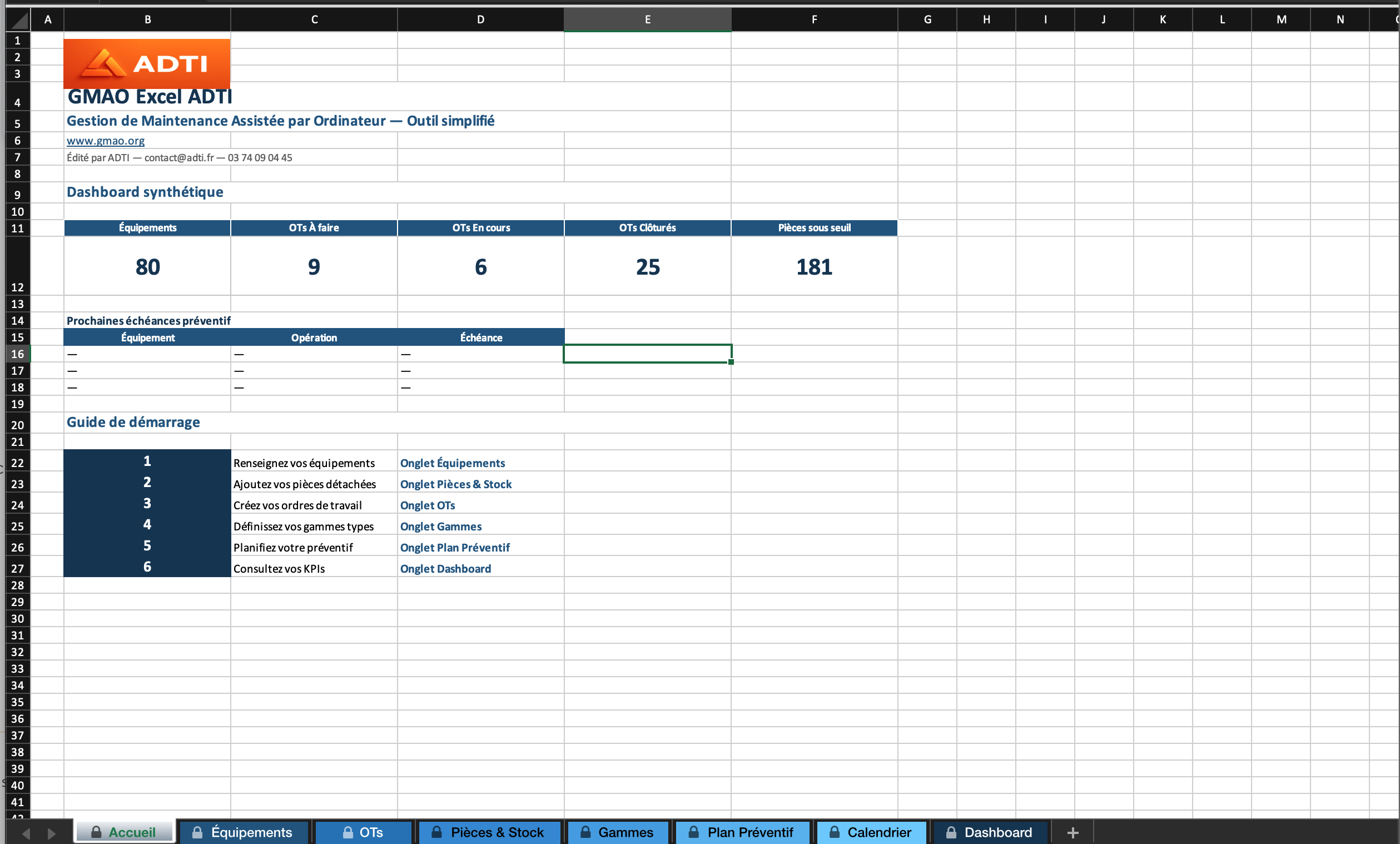 Template Excel GMAO gratuit - tableau de bord avec équipements, ordres de travail et planning préventif