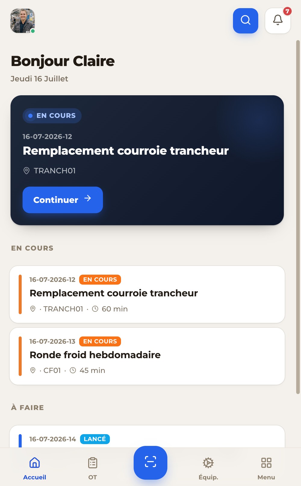 Interface mobile OPTIMa v7 - « Ma journée » du technicien
