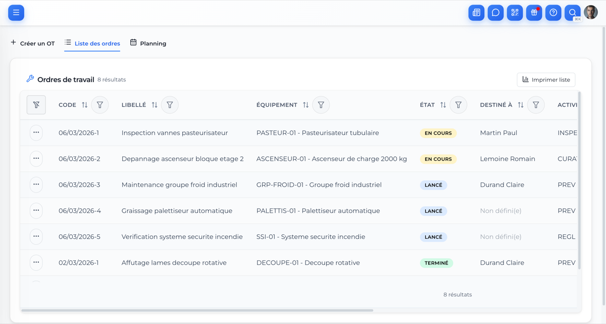 Liste des ordres de travail OPTIMa - suivi en temps reel des interventions