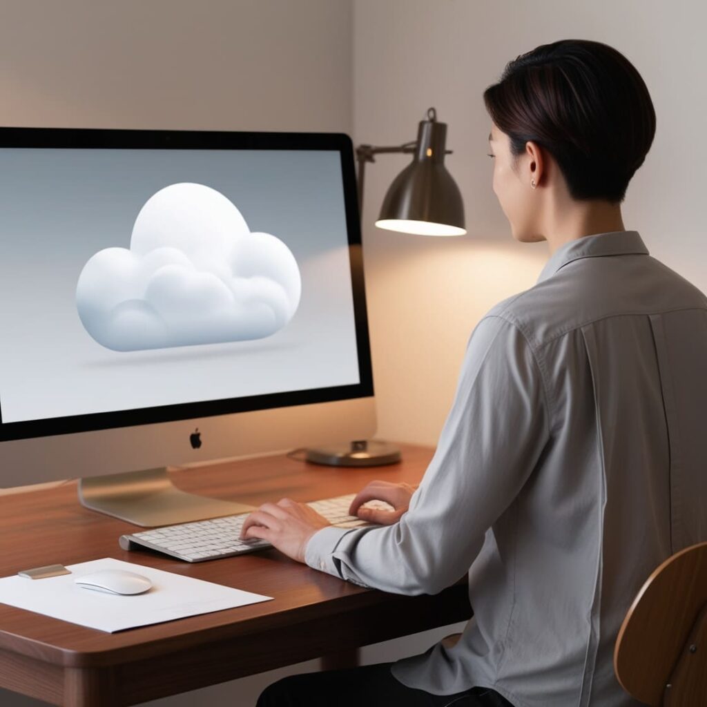 une femme devant un écran avec un nuage, ce qui représente le module cloud de GMAO Optima